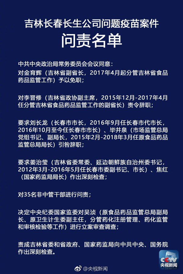 央視：中央政治局聽(tīng)取長(zhǎng)生疫苗門(mén)調(diào)查報(bào)告，嚴(yán)肅問(wèn)責(zé)相關(guān)人員